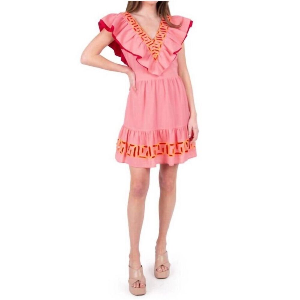 New Emily McCarthy Camille Dress Pink Knee Length Ruffle in Cabaret Size Large